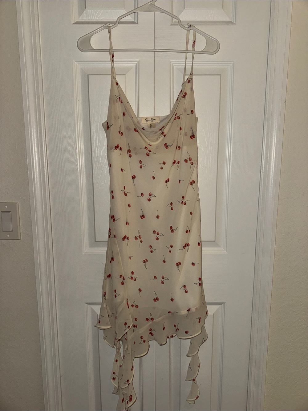 Jessica Simpson Cream Slip Dress with Red Cherry Print and Asymmetric Ruffle Hem